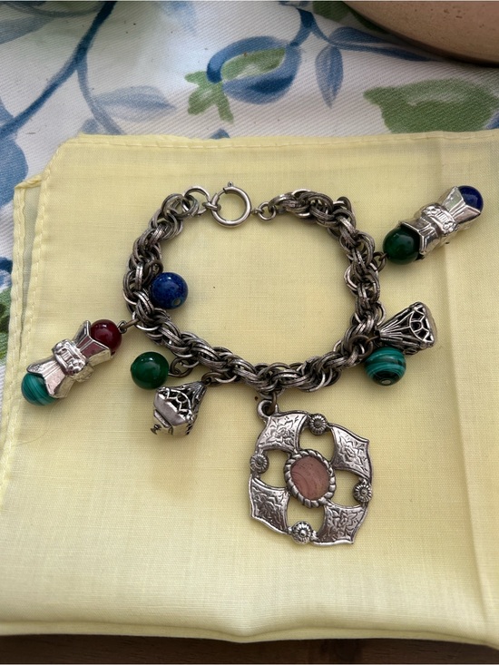 Jewelry - Silver Tone Multi-Charms Bracelet with Green and Blue Stone Beads